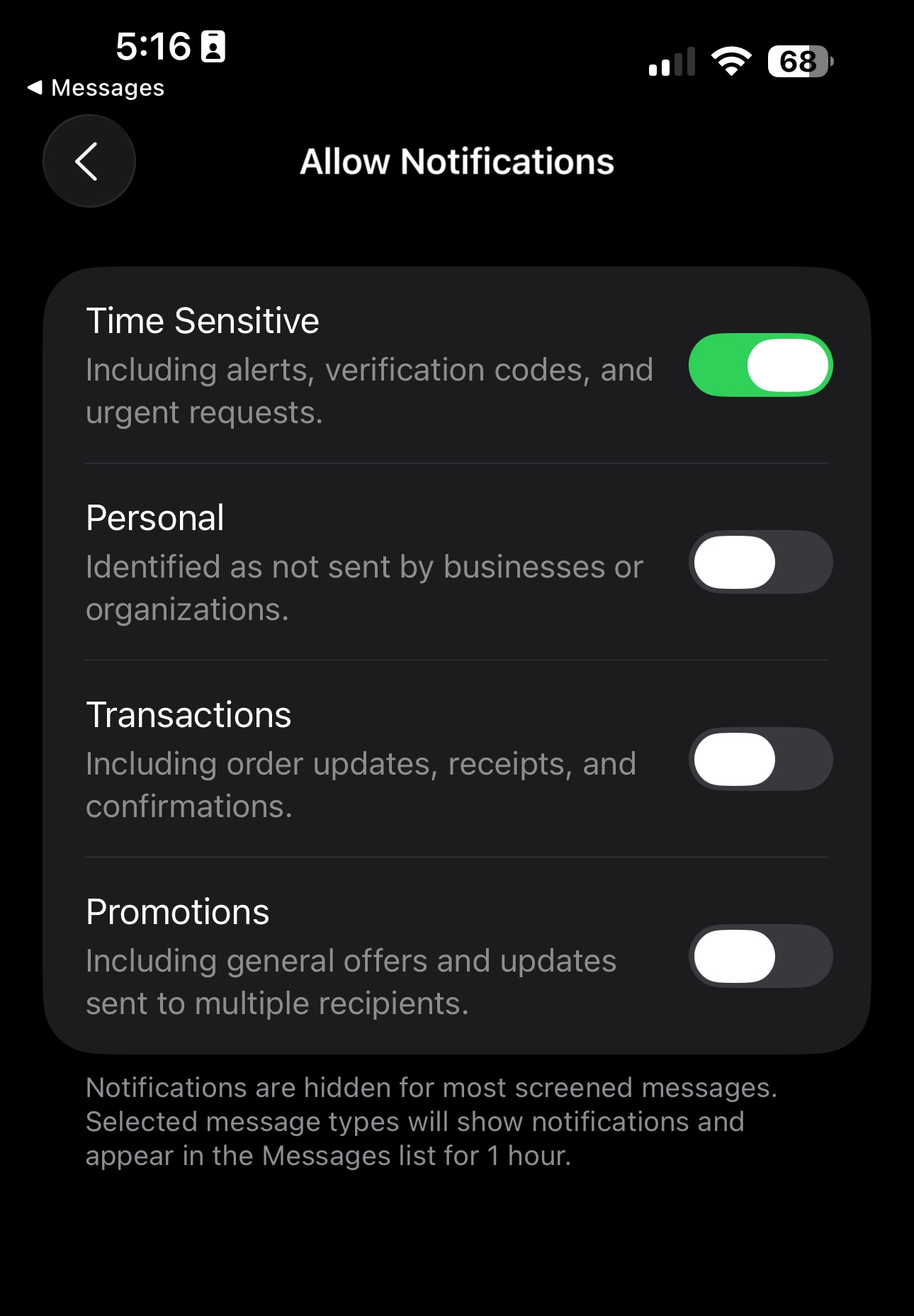 Allow notifications settings with "time sensitive" enabled