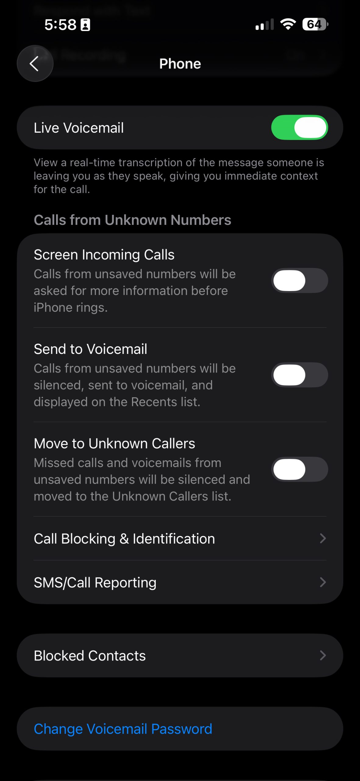 Phone settings with "live voicemail" enabled