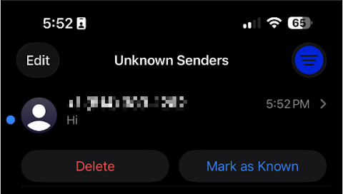 List of unknown senders with the options to "delete" or "mark as known".